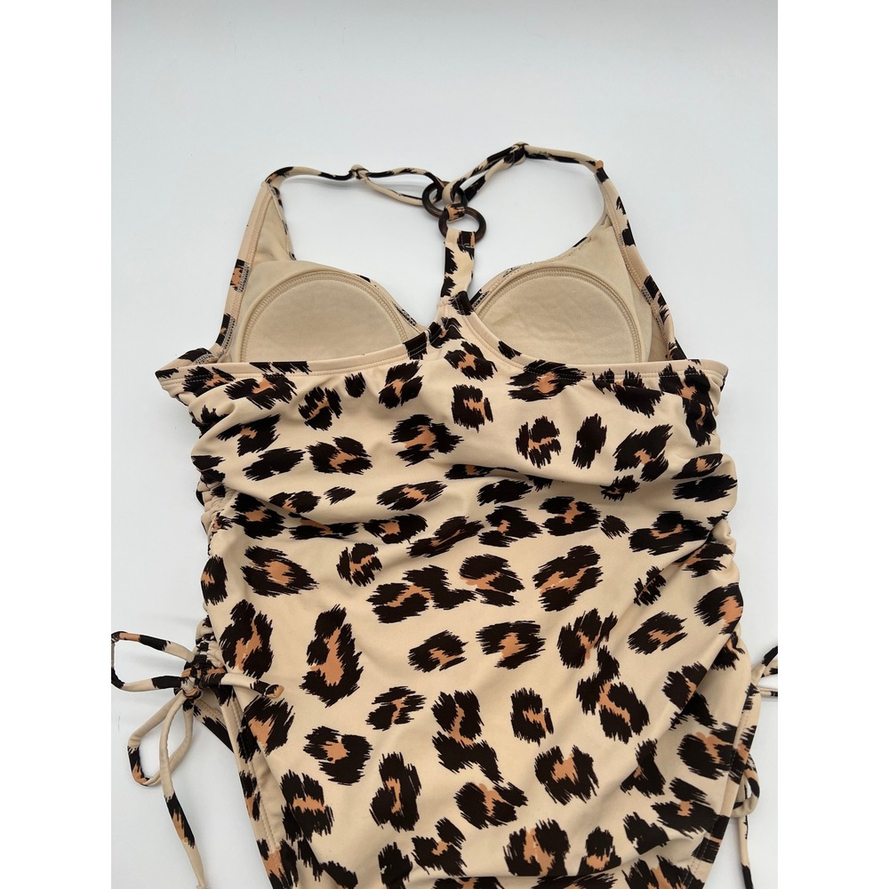 Kona Sol Womens Leopard Print Ruched One Piece Swimsuit Neutral Tan Black Medium - Picture 4 of 7